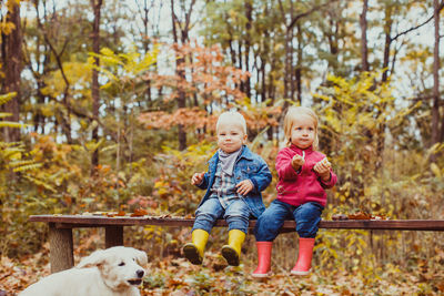 Cute kids sitting on bench at park during autumn