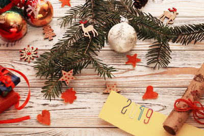 High angle view of christmas decoration on table