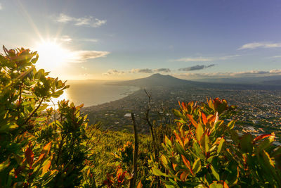 Scenic view of mountains against sky during sunset