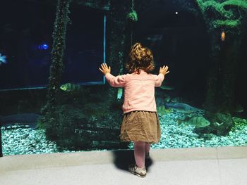Rear view of girl standing at aquarium