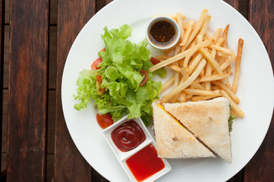 High angle view of food served on plate