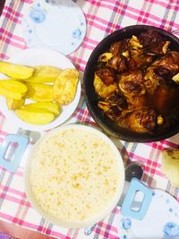 High angle view of food served on table