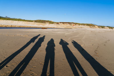 Shadow of people on sand at beach against clear sky