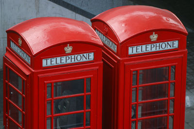 Close-up of red telephone booth