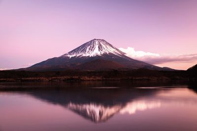 Scenic view of lake by mountains against sky