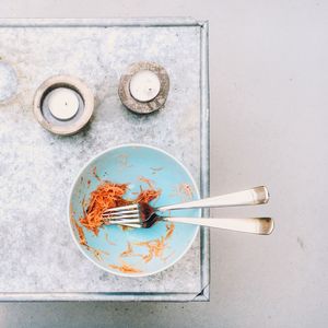 High angle view of tea served on table