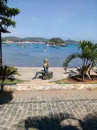 Rear view of man sitting on beach against clear sky