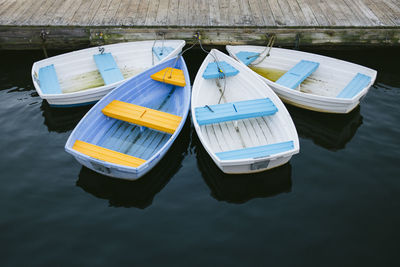 High angle view of boats moored in lake