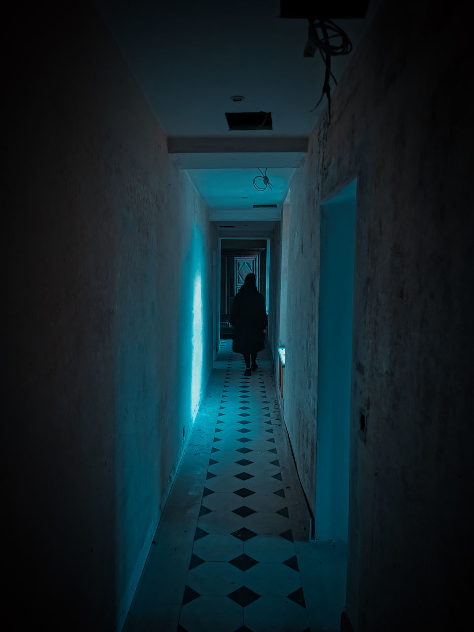 darkness, light, blue, architecture, corridor, arcade, indoors, one person, dark, tunnel, built structure, night, wall - building feature, building, full length, spooky, adult, silhouette, lighting equipment, illuminated, horror, fear, the way forward, walking, snapshot, shadow, men, mystery, screenshot, rear view