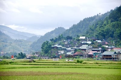 Scenic view of field by mountains against sky