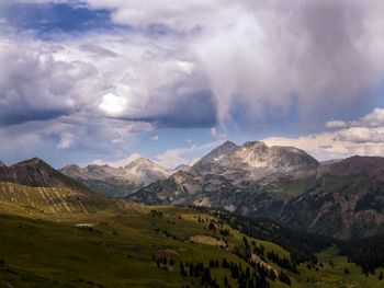 Scenic view of mountains against cloudy sky