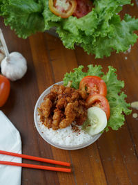 High angle view of food in plate on table