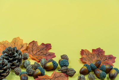 Close-up of spices on table against yellow background