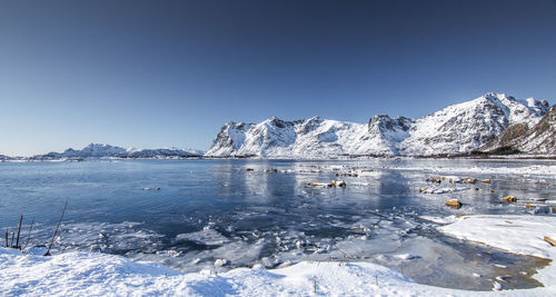 Frozen lake by snowcapped mountains against clear sky