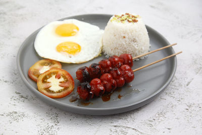 High angle view of food in plate on table