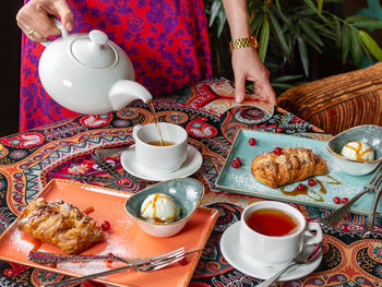 High angle view of breakfast served on table