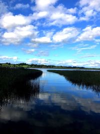 Scenic view of lake against cloudy sky