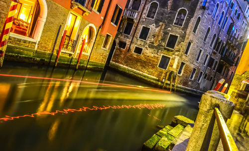 Reflection of illuminated buildings in city at night