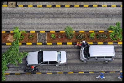 High angle view of people on road in city