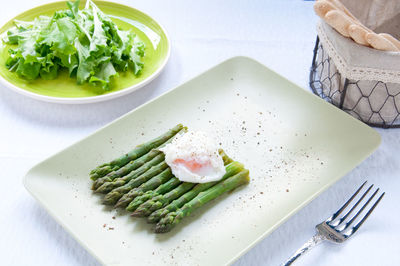 High angle view of food in plate on table