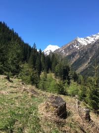 Scenic view of mountains against clear blue sky