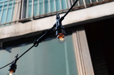 Low angle view of light bulb hanging on ceiling of building