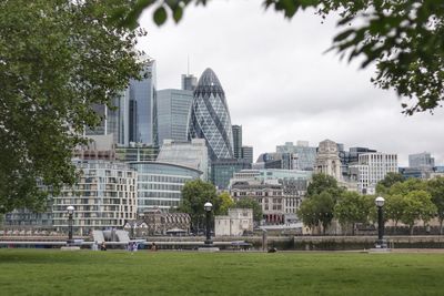 Buildings in park with city in background