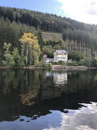 Reflection of trees in lake against sky