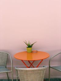 Potted plant on table against wall