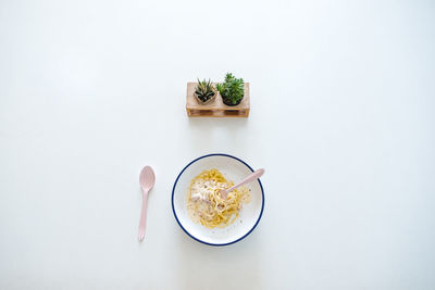 High angle view of breakfast served on table