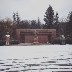 Statue against snow covered trees