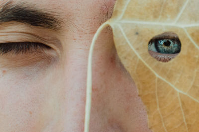 Close-up portrait of young man looking through leaf