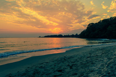 Scenic view of beach against sky during sunset