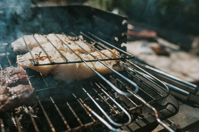 High angle view of barbecue grill