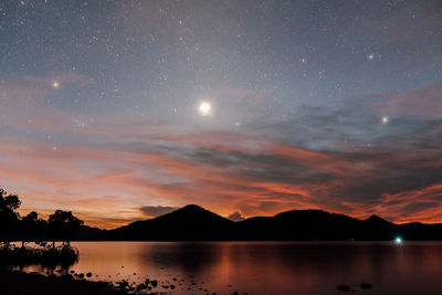 Scenic view of lake against sky at sunset