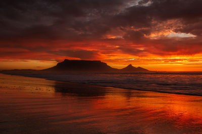 Scenic view of beach at sunset, table mountain in the background which reflects in the water. 
