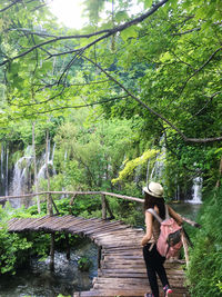 Woman standing by plants in forest