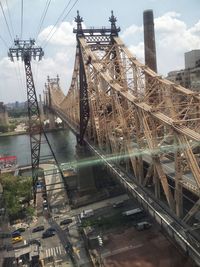 Bridge over river with city in background