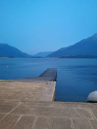 Scenic view of lake against clear blue sky