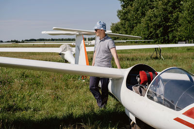 High angle view of airplane on field
