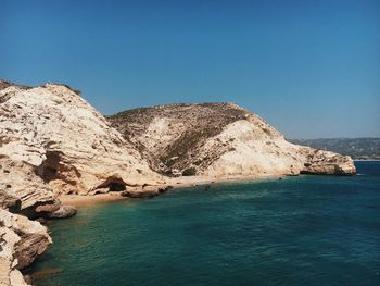 Scenic view of sea against clear blue sky