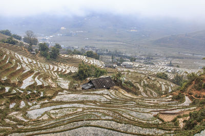 Aerial view of mountain landscape against sky