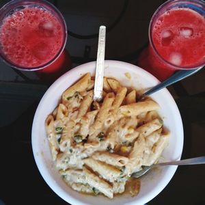 High angle view of breakfast served on table