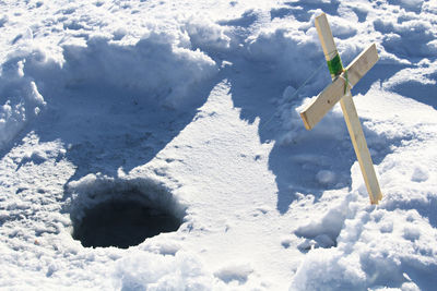 Aerial view of cross on snow covered land