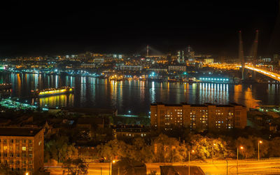 High angle view of illuminated buildings in city at night