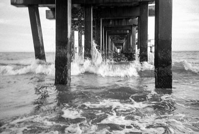 Water splashing in sea against sky