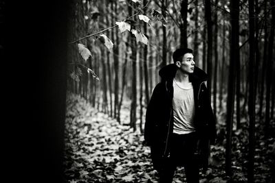 Young man looking away while standing in forest