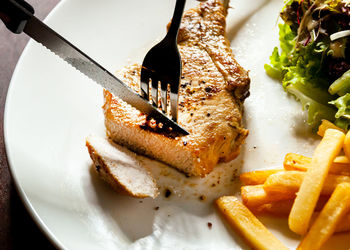 High angle view of food in plate on table