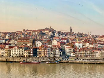 Old town porto view from cable car of vila nova de gaia.historic ribeira riverside along douro river