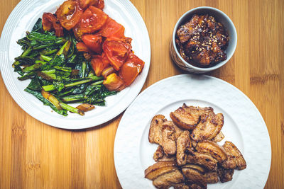 High angle view of food served on table
